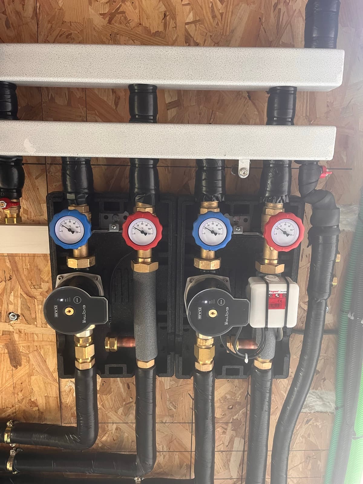 Collecteur hydraulique de pompe à chaleur avec manomètres et vannes